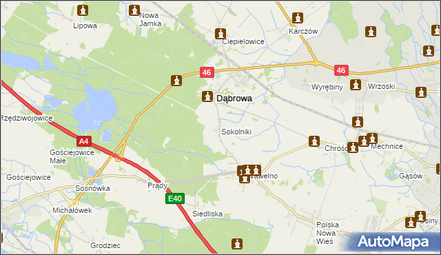 mapa Sokolniki gmina Dąbrowa, Sokolniki gmina Dąbrowa na mapie Targeo