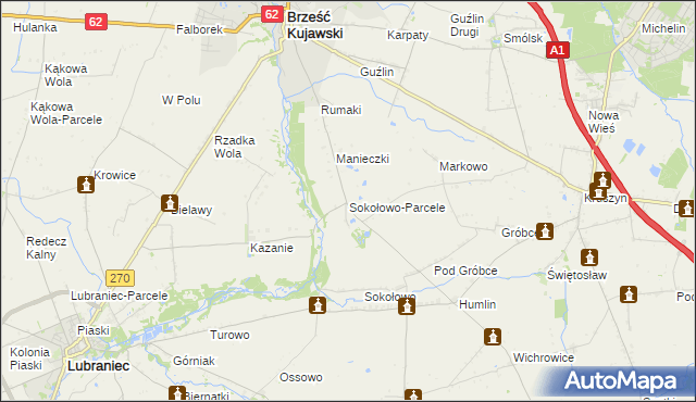 mapa Sokołowo-Parcele gmina Brześć Kujawski, Sokołowo-Parcele gmina Brześć Kujawski na mapie Targeo