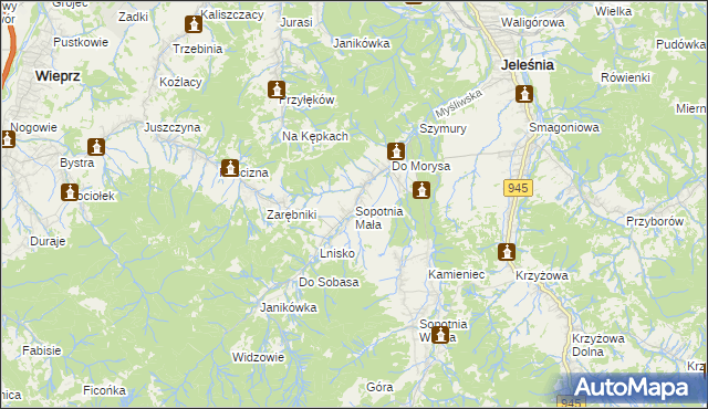 mapa Sopotnia Mała, Sopotnia Mała na mapie Targeo