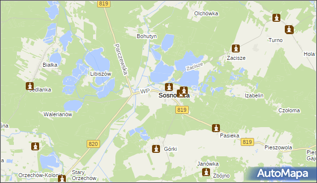 mapa Sosnowica powiat parczewski, Sosnowica powiat parczewski na mapie Targeo