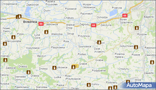 mapa Sosnowice gmina Brzeźnica, Sosnowice gmina Brzeźnica na mapie Targeo