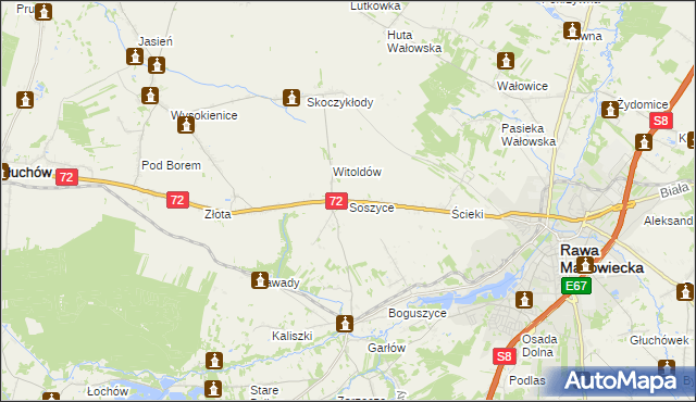 mapa Soszyce gmina Rawa Mazowiecka, Soszyce gmina Rawa Mazowiecka na mapie Targeo