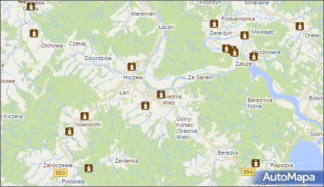 mapa Średnia Wieś gmina Lesko, Średnia Wieś gmina Lesko na mapie Targeo