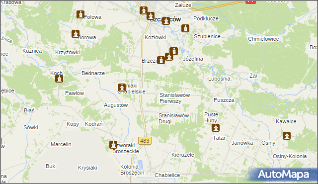 mapa Stanisławów Pierwszy gmina Szczerców, Stanisławów Pierwszy gmina Szczerców na mapie Targeo