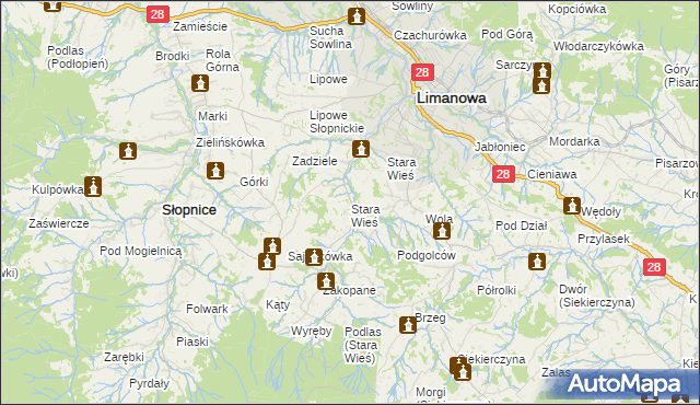 mapa Stara Wieś gmina Limanowa, Stara Wieś gmina Limanowa na mapie Targeo