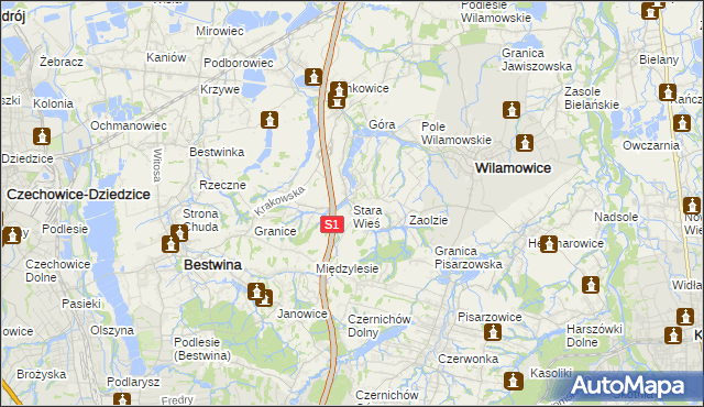 mapa Stara Wieś gmina Wilamowice, Stara Wieś gmina Wilamowice na mapie Targeo