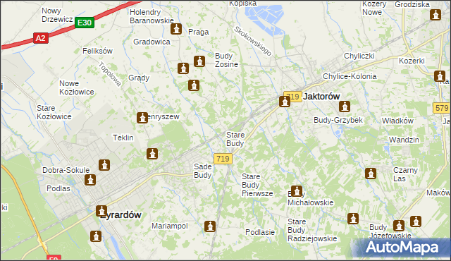 mapa Stare Budy gmina Jaktorów, Stare Budy gmina Jaktorów na mapie Targeo