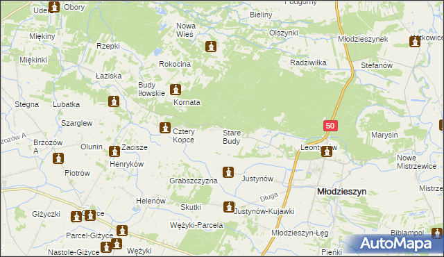 mapa Stare Budy gmina Młodzieszyn, Stare Budy gmina Młodzieszyn na mapie Targeo