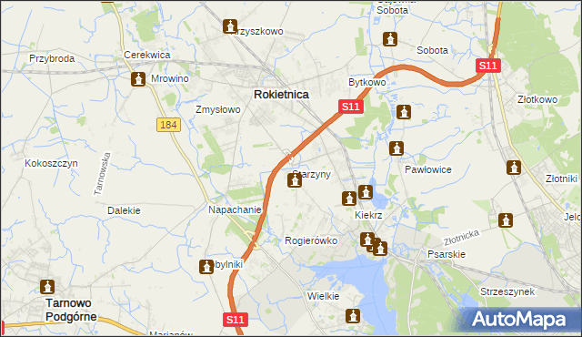 mapa Starzyny gmina Rokietnica, Starzyny gmina Rokietnica na mapie Targeo