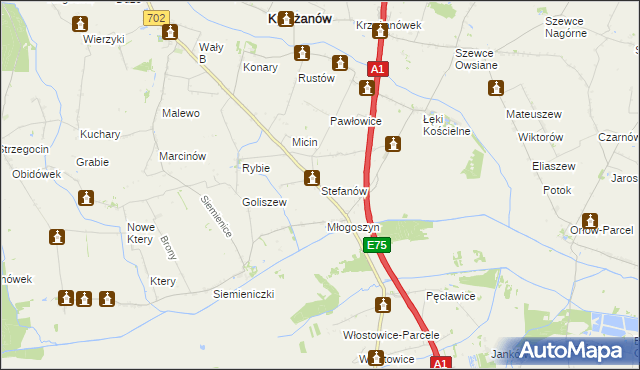 mapa Stefanów gmina Krzyżanów, Stefanów gmina Krzyżanów na mapie Targeo