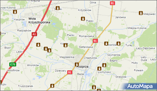 mapa Stefanówka gmina Rozprza, Stefanówka gmina Rozprza na mapie Targeo