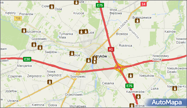 mapa Stryków powiat zgierski, Stryków powiat zgierski na mapie Targeo