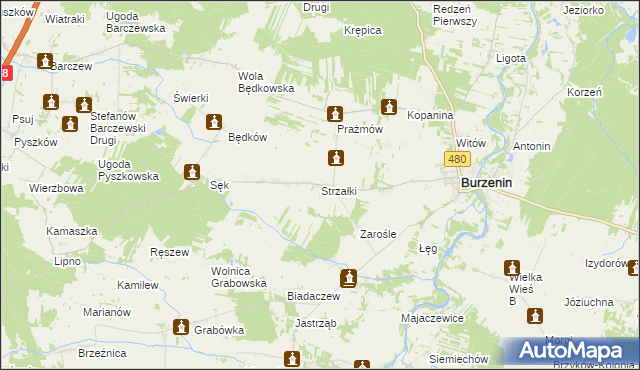 mapa Strzałki gmina Burzenin, Strzałki gmina Burzenin na mapie Targeo