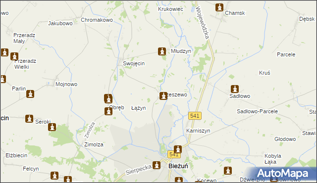mapa Strzeszewo gmina Bieżuń, Strzeszewo gmina Bieżuń na mapie Targeo