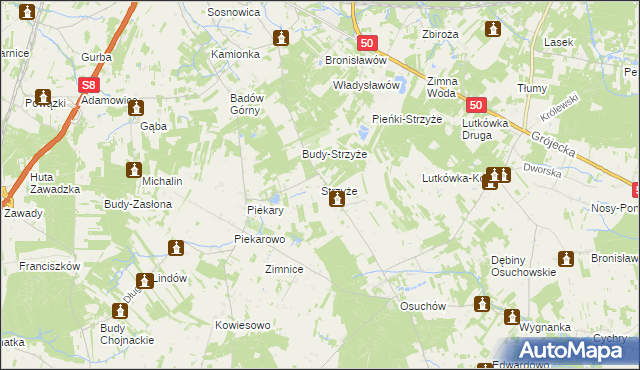 mapa Strzyże gmina Mszczonów, Strzyże gmina Mszczonów na mapie Targeo