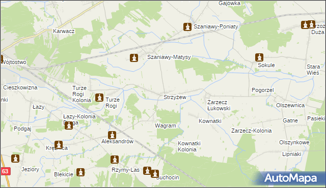 mapa Strzyżew gmina Łuków, Strzyżew gmina Łuków na mapie Targeo