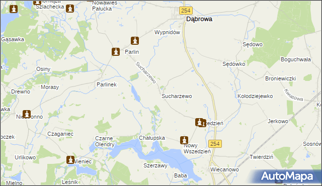 mapa Sucharzewo gmina Dąbrowa, Sucharzewo gmina Dąbrowa na mapie Targeo