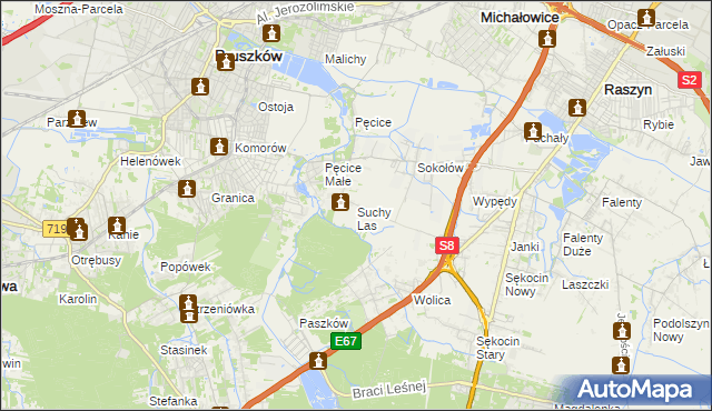 mapa Suchy Las gmina Michałowice, Suchy Las gmina Michałowice na mapie Targeo