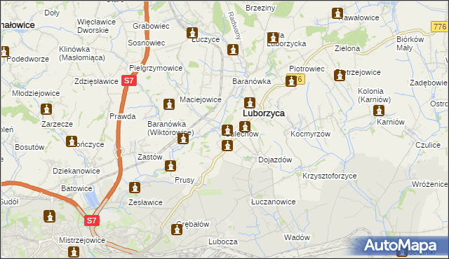 mapa Sulechów gmina Kocmyrzów-Luborzyca, Sulechów gmina Kocmyrzów-Luborzyca na mapie Targeo
