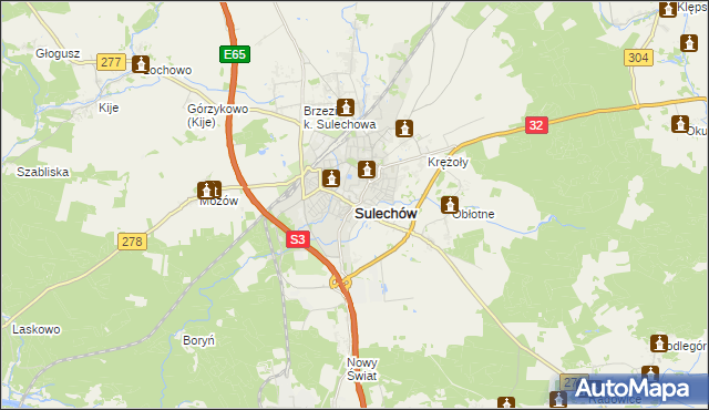 mapa Sulechów powiat zielonogórski, Sulechów powiat zielonogórski na mapie Targeo