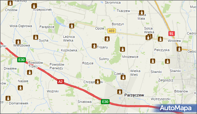 mapa Sulimy gmina Parzęczew, Sulimy gmina Parzęczew na mapie Targeo