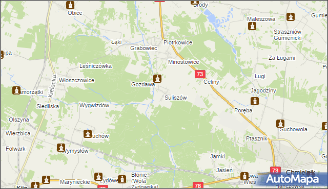 mapa Suliszów gmina Chmielnik, Suliszów gmina Chmielnik na mapie Targeo