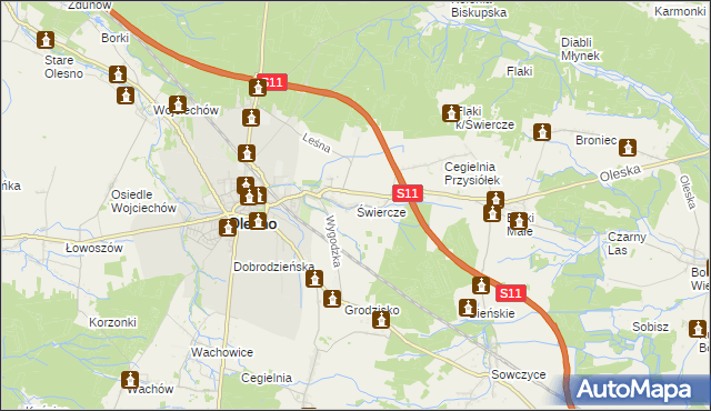 mapa Świercze gmina Olesno, Świercze gmina Olesno na mapie Targeo