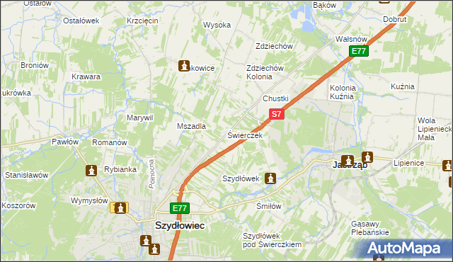 mapa Świerczek gmina Szydłowiec, Świerczek gmina Szydłowiec na mapie Targeo