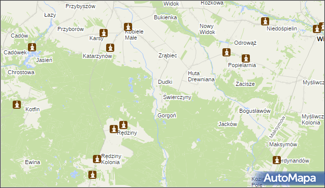 mapa Świerczyny gmina Kobiele Wielkie, Świerczyny gmina Kobiele Wielkie na mapie Targeo