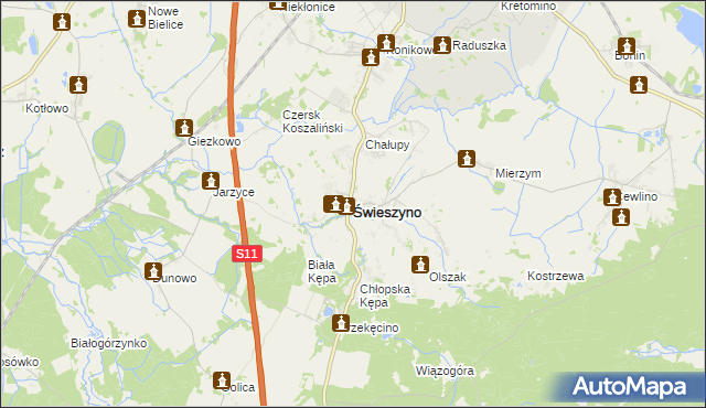 mapa Świeszyno powiat koszaliński, Świeszyno powiat koszaliński na mapie Targeo