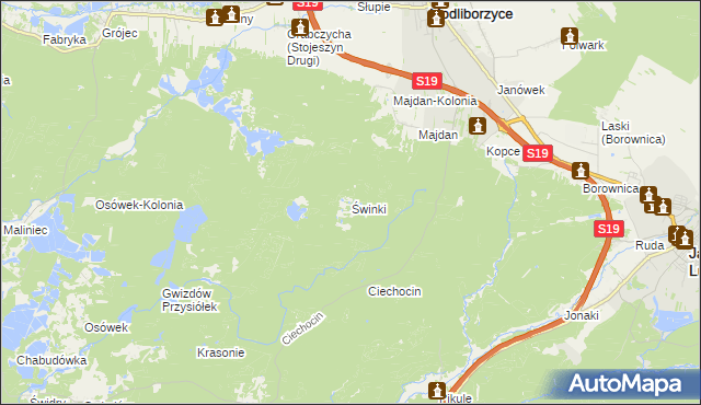 mapa Świnki gmina Modliborzyce, Świnki gmina Modliborzyce na mapie Targeo