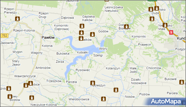 mapa Szeligi gmina Pawłów, Szeligi gmina Pawłów na mapie Targeo