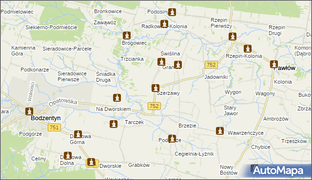 mapa Szerzawy gmina Pawłów, Szerzawy gmina Pawłów na mapie Targeo