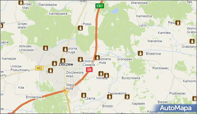 mapa Szklana Huta gmina Złoczew, Szklana Huta gmina Złoczew na mapie Targeo