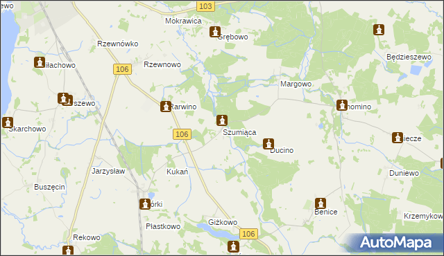 mapa Szumiąca gmina Kamień Pomorski, Szumiąca gmina Kamień Pomorski na mapie Targeo