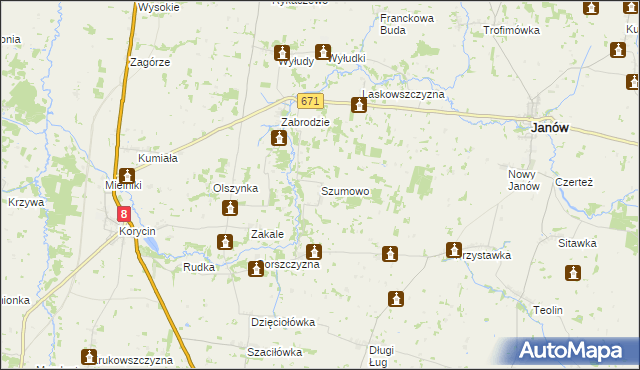 mapa Szumowo gmina Korycin, Szumowo gmina Korycin na mapie Targeo