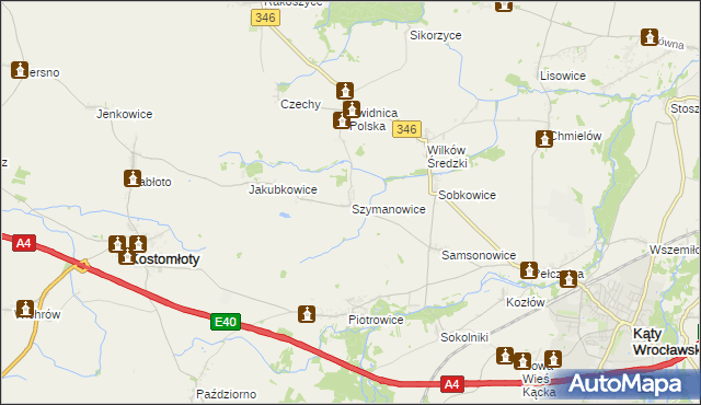 mapa Szymanowice gmina Kostomłoty, Szymanowice gmina Kostomłoty na mapie Targeo