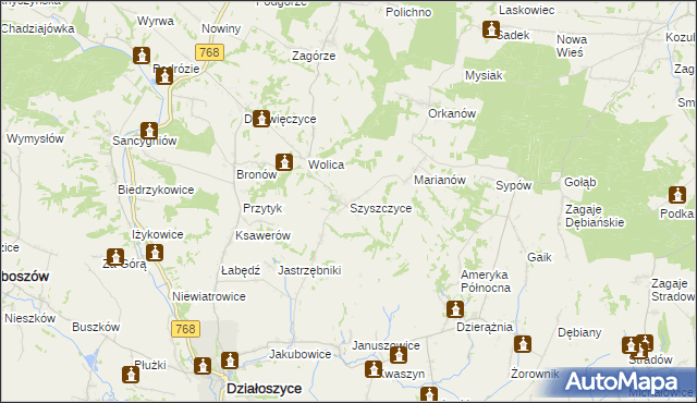 mapa Szyszczyce gmina Działoszyce, Szyszczyce gmina Działoszyce na mapie Targeo