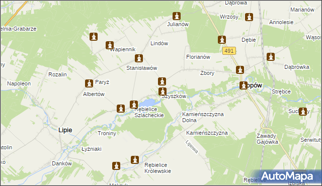 mapa Szyszków gmina Lipie, Szyszków gmina Lipie na mapie Targeo