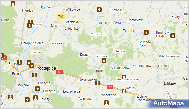 mapa Tarnowa gmina Poddębice, Tarnowa gmina Poddębice na mapie Targeo