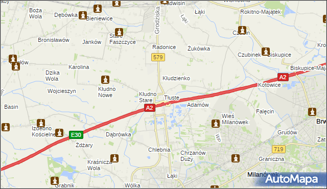 mapa Tłuste gmina Grodzisk Mazowiecki, Tłuste gmina Grodzisk Mazowiecki na mapie Targeo