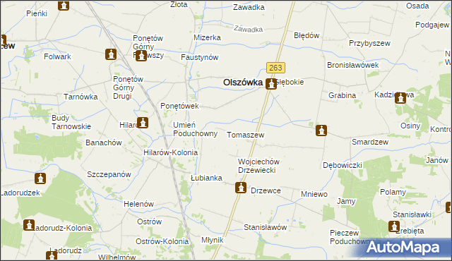 mapa Tomaszew gmina Olszówka, Tomaszew gmina Olszówka na mapie Targeo