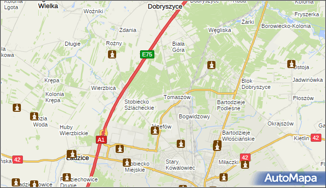 mapa Tomaszów gmina Ładzice, Tomaszów gmina Ładzice na mapie Targeo