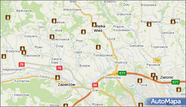 mapa Tomaszowice gmina Wielka Wieś, Tomaszowice gmina Wielka Wieś na mapie Targeo