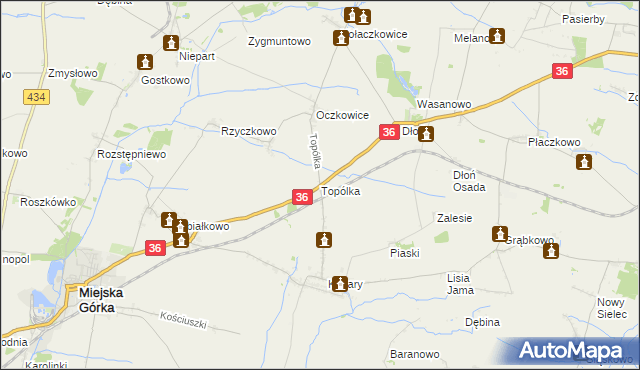 mapa Topólka gmina Miejska Górka, Topólka gmina Miejska Górka na mapie Targeo