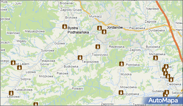 mapa Toporzysko gmina Jordanów, Toporzysko gmina Jordanów na mapie Targeo