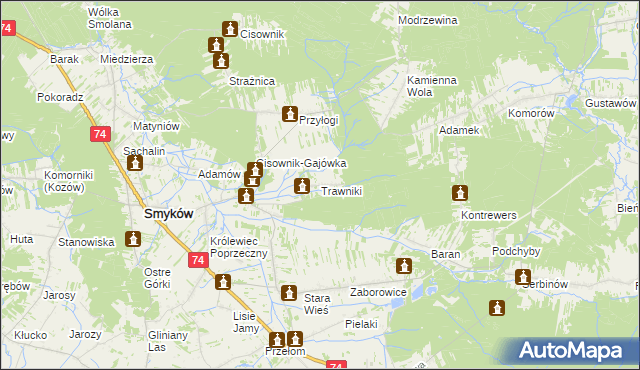 mapa Trawniki gmina Smyków, Trawniki gmina Smyków na mapie Targeo