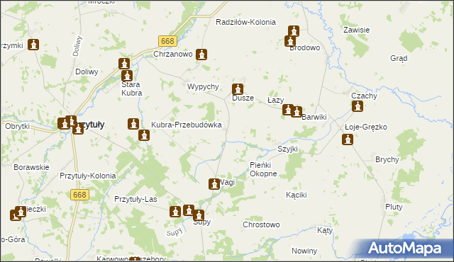 mapa Trzaski gmina Przytuły, Trzaski gmina Przytuły na mapie Targeo