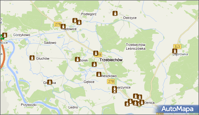 mapa Trzebiechów powiat zielonogórski, Trzebiechów powiat zielonogórski na mapie Targeo