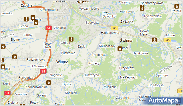 mapa Trzebinia gmina Świnna, Trzebinia gmina Świnna na mapie Targeo